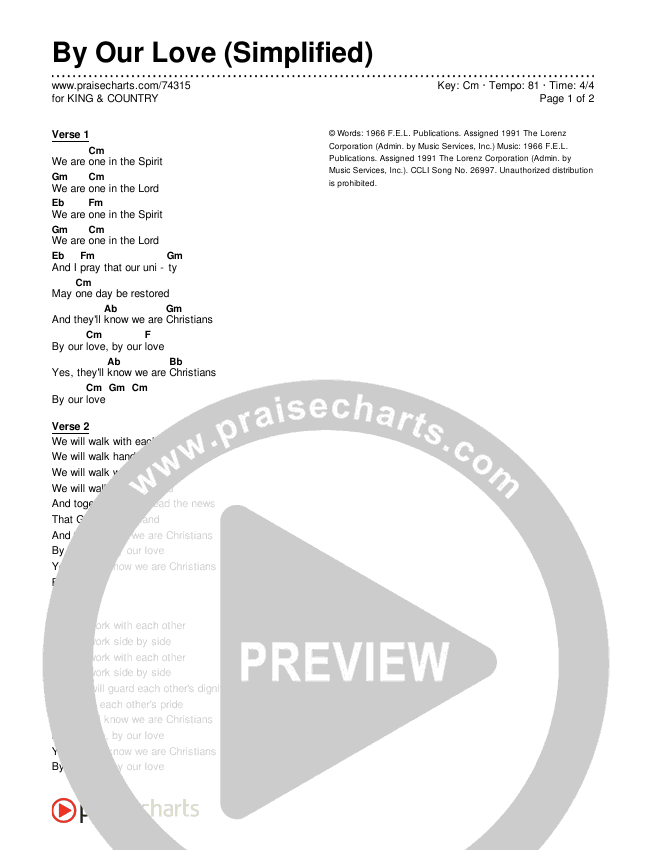 They'll Know We Our Christians By Our Love (Simplified) Chord Chart (Traditional Hymn)