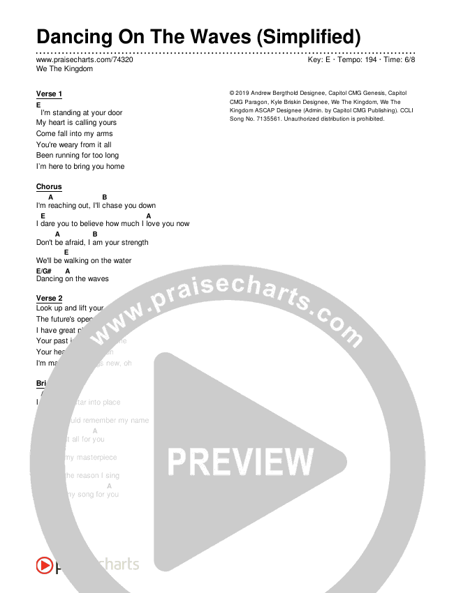 Dancing On The Waves (Simplified) Chord Chart (We The Kingdom)