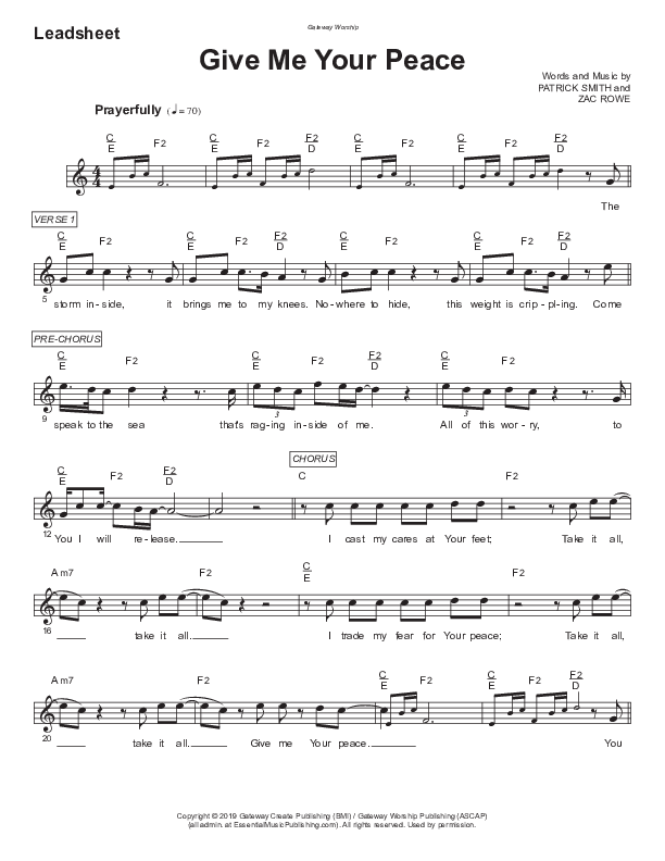 Give Me Your Peace Lead Sheet Melody (Gateway Worship / Zac Rowe)