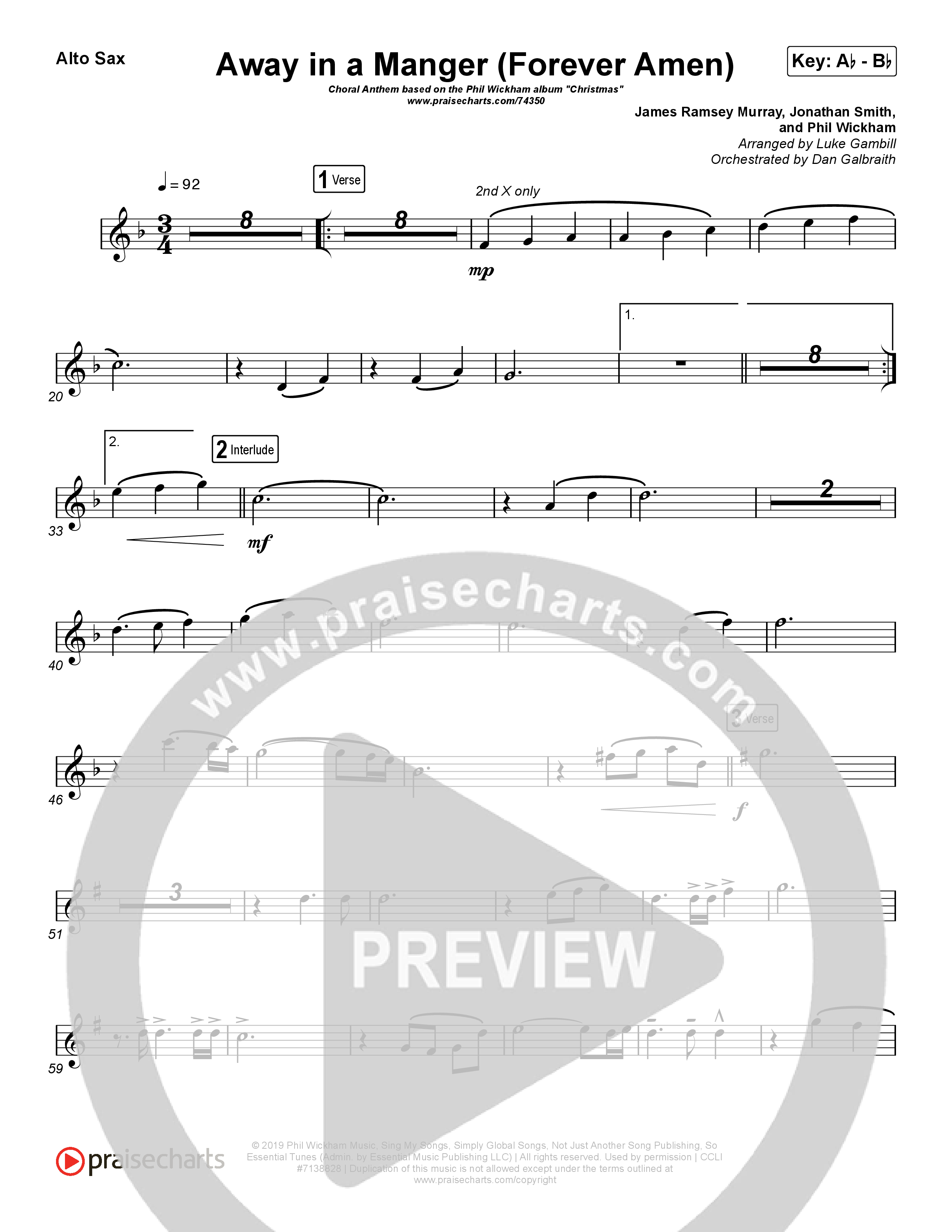 Away In A Manger (Forever Amen) (Choral Anthem SATB) Alto Sax (Phil Wickham / Arr. Luke Gambill)
