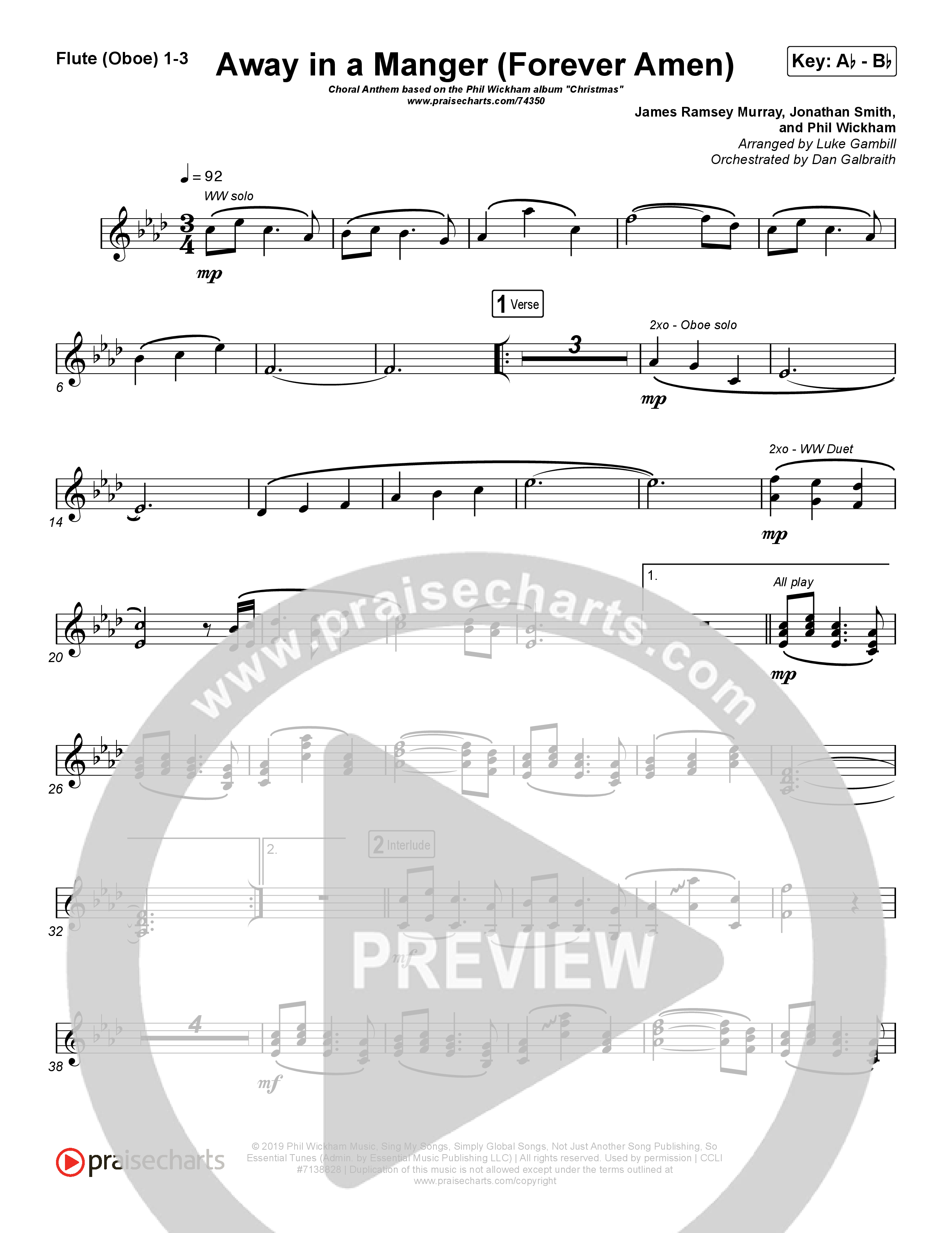 Away In A Manger (Forever Amen) (Choral Anthem SATB) Flute/Oboe 1/2/3 (Phil Wickham / Arr. Luke Gambill)