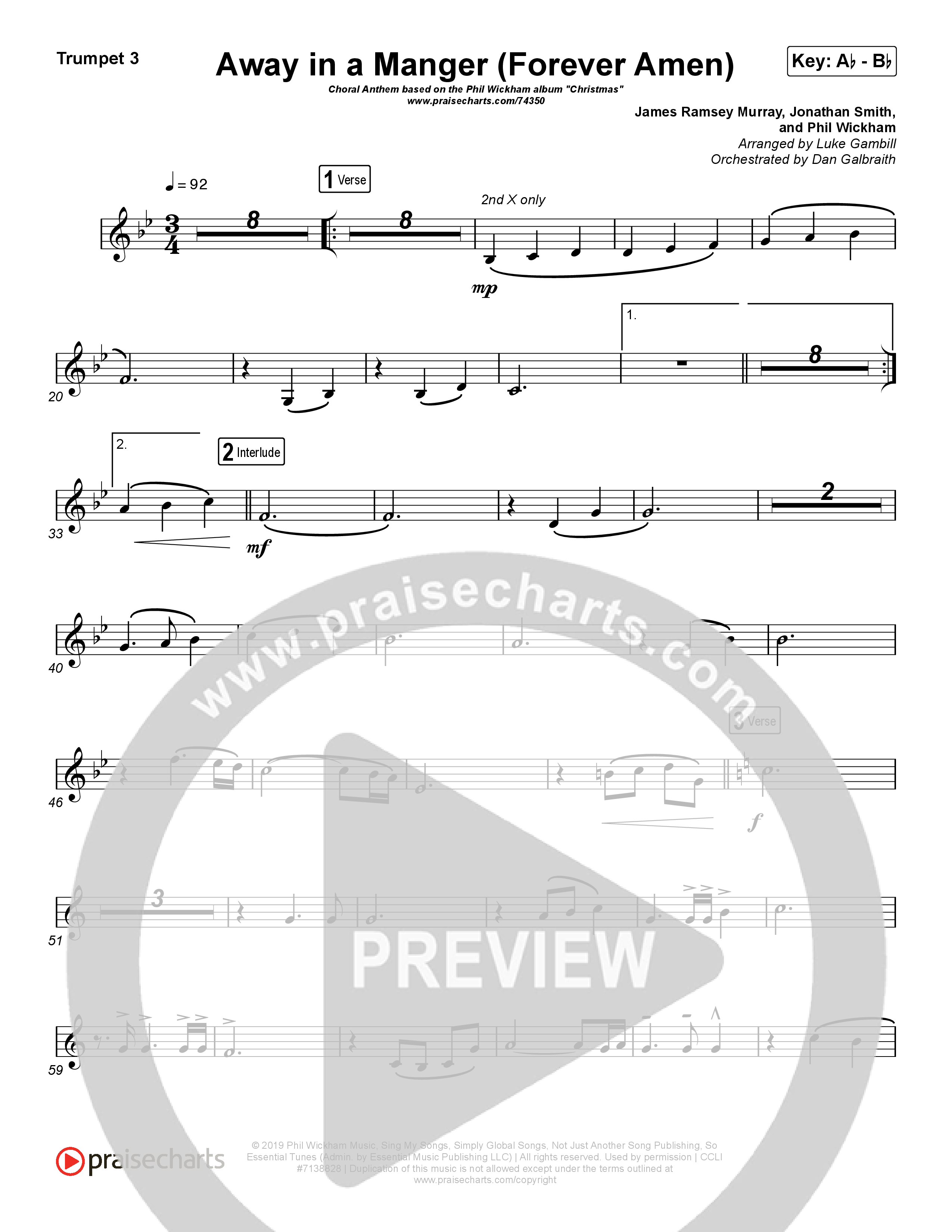 Away In A Manger (Forever Amen) (Choral Anthem SATB) Trumpet 3 (Phil Wickham / Arr. Luke Gambill)