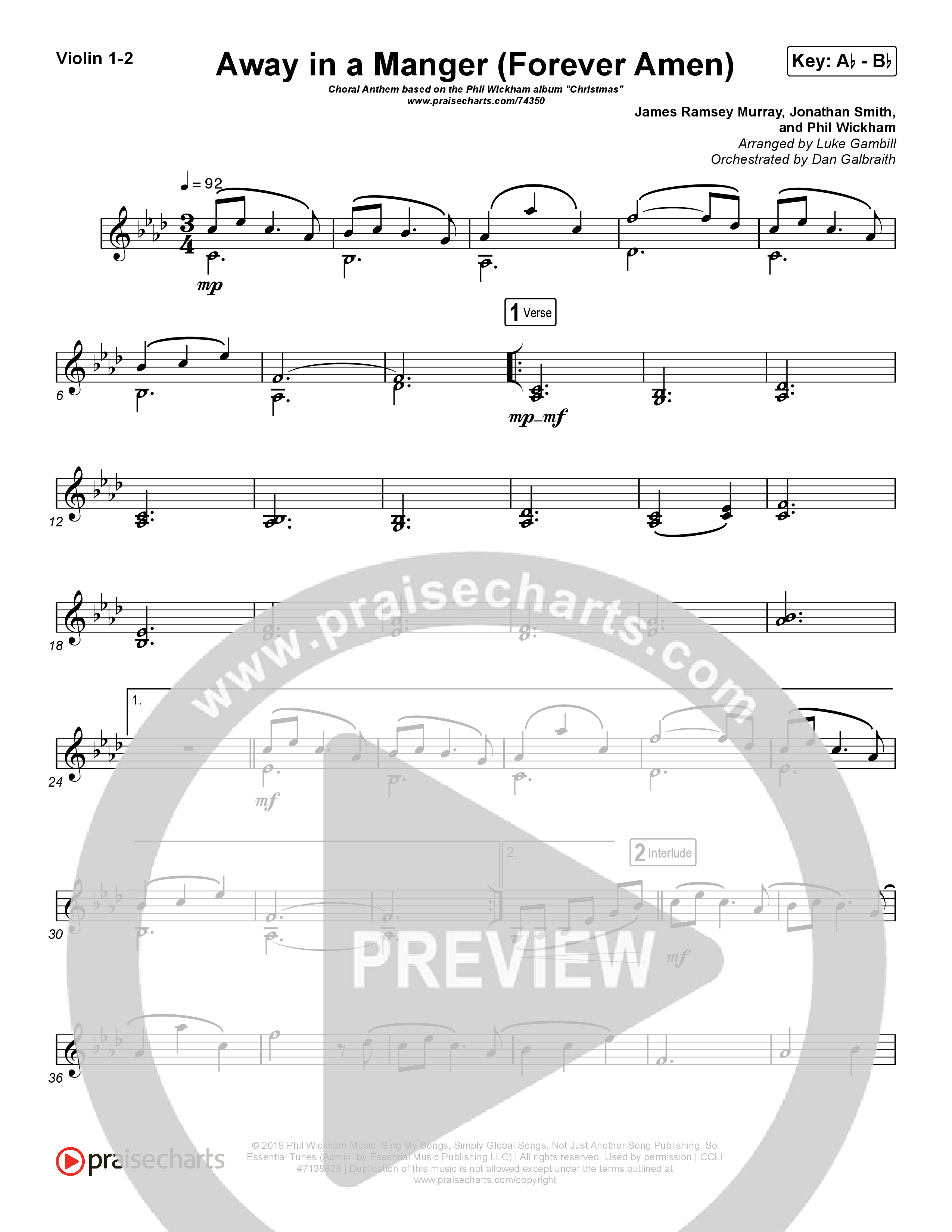 Away In A Manger (Forever Amen) (Choral Anthem SATB) Violin 1/2 (Phil Wickham / Arr. Luke Gambill)