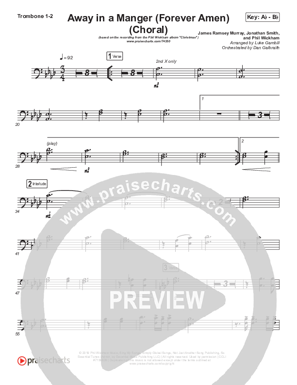 Away In A Manger (Forever Amen) (Choral Anthem SATB) Trombone 1/2 (Phil Wickham / Arr. Luke Gambill)