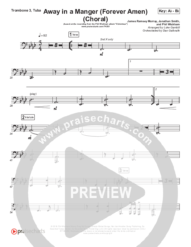 Away In A Manger (Forever Amen) (Choral Anthem SATB) Trombone 3/Tuba (Phil Wickham / Arr. Luke Gambill)