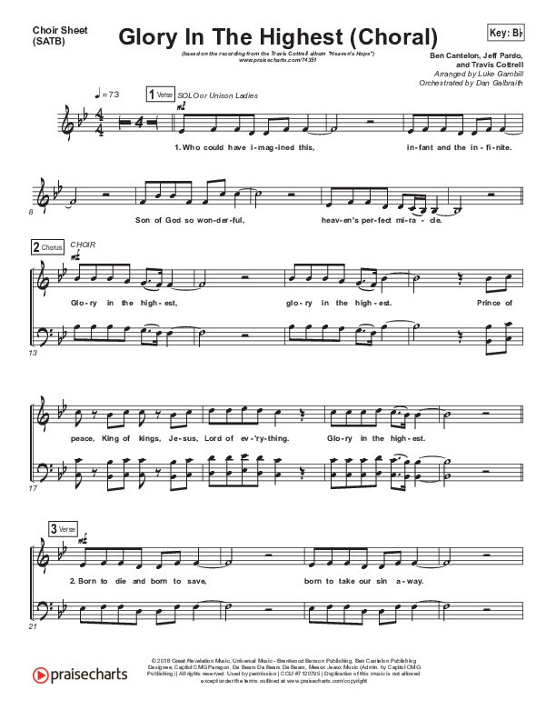 Glory In The Highest (Choral Anthem SATB) Choir Sheet (SATB) (Travis Cottrell / Arr. Luke Gambill)