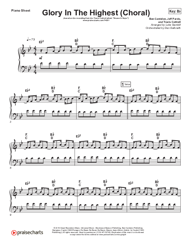 Glory In The Highest (Choral Anthem SATB) Piano Sheet (Travis Cottrell / Arr. Luke Gambill)