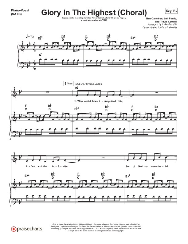 Glory In The Highest (Choral Anthem SATB) Piano/Vocal (SATB) (Travis Cottrell / Arr. Luke Gambill)