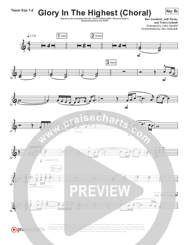 Glory In The Highest (Choral Anthem SATB) Tenor Sax 1/2 (Travis Cottrell / Arr. Luke Gambill)