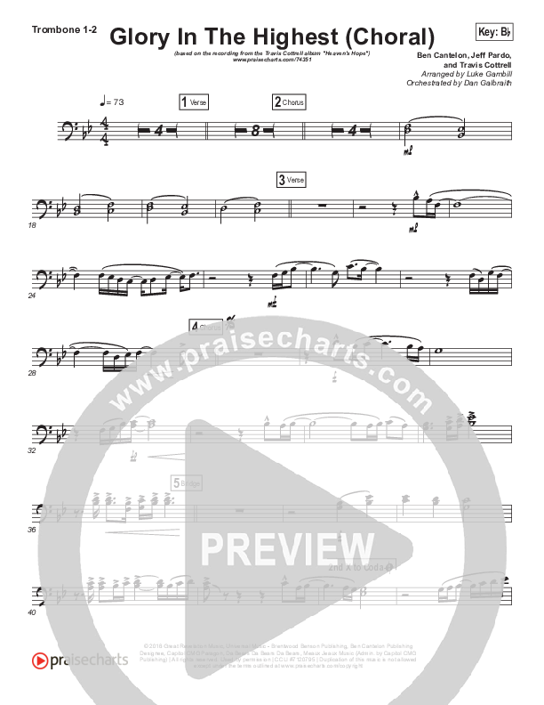 Glory In The Highest (Choral Anthem SATB) Trombone 1/2 (Travis Cottrell / Arr. Luke Gambill)