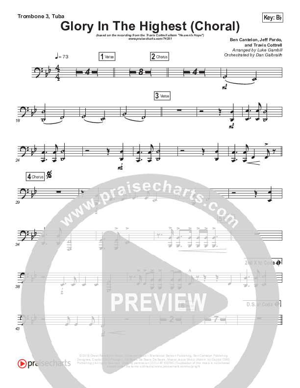 Glory In The Highest (Choral Anthem SATB) Trombone 3/Tuba (Travis Cottrell / Arr. Luke Gambill)