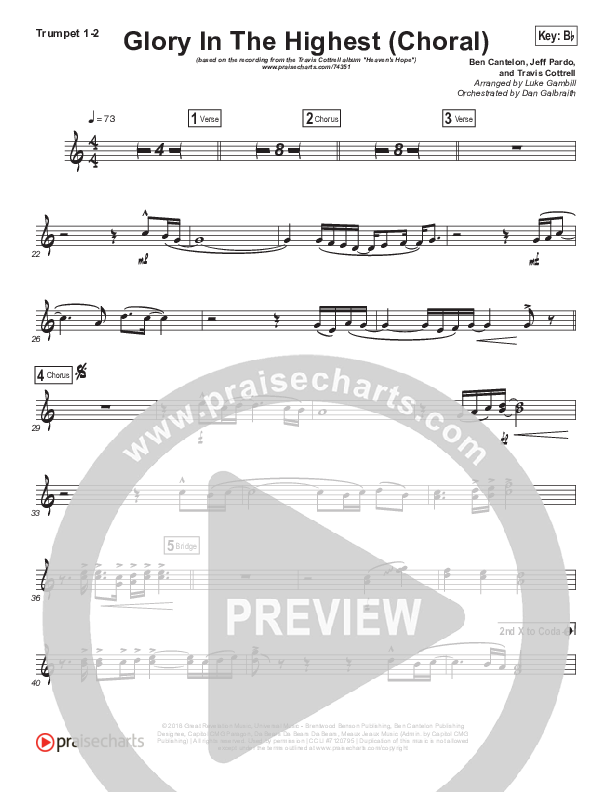 Glory In The Highest (Choral Anthem SATB) Trumpet 1,2 (Travis Cottrell / Arr. Luke Gambill)