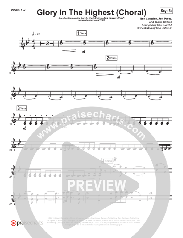 Glory In The Highest (Choral Anthem SATB) Violin 1/2 (Travis Cottrell / Arr. Luke Gambill)