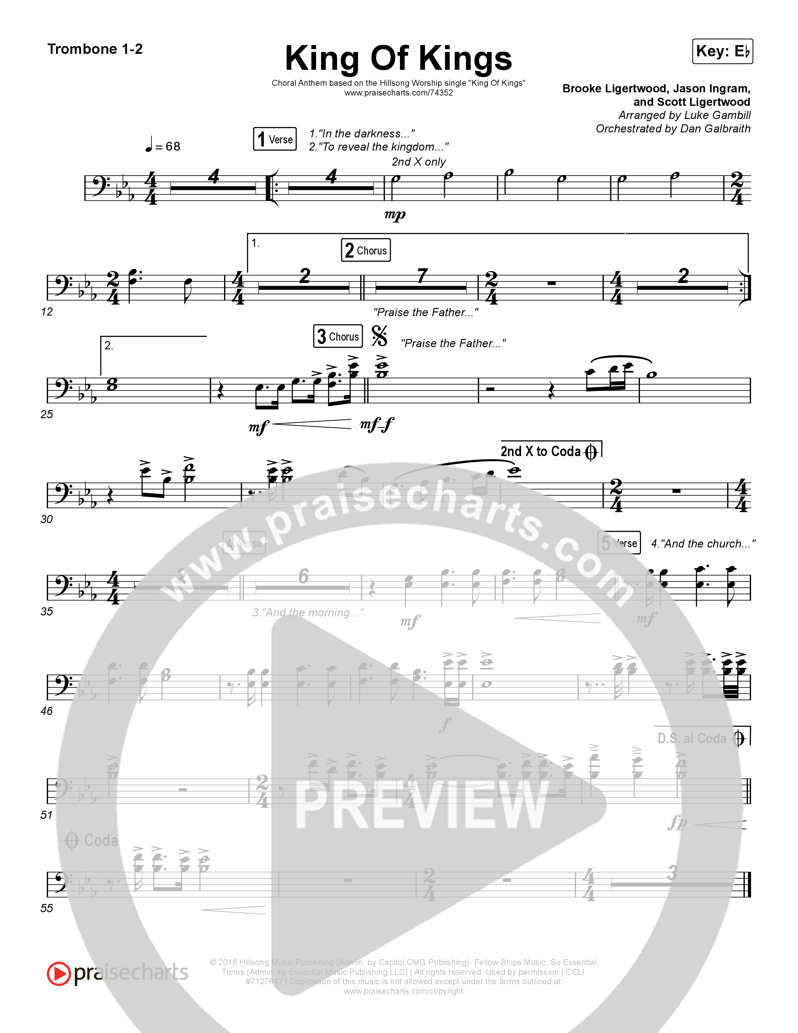 King Of Kings (Choral Anthem SATB) Trombone 1/2 (Hillsong Worship / Arr. Luke Gambill)