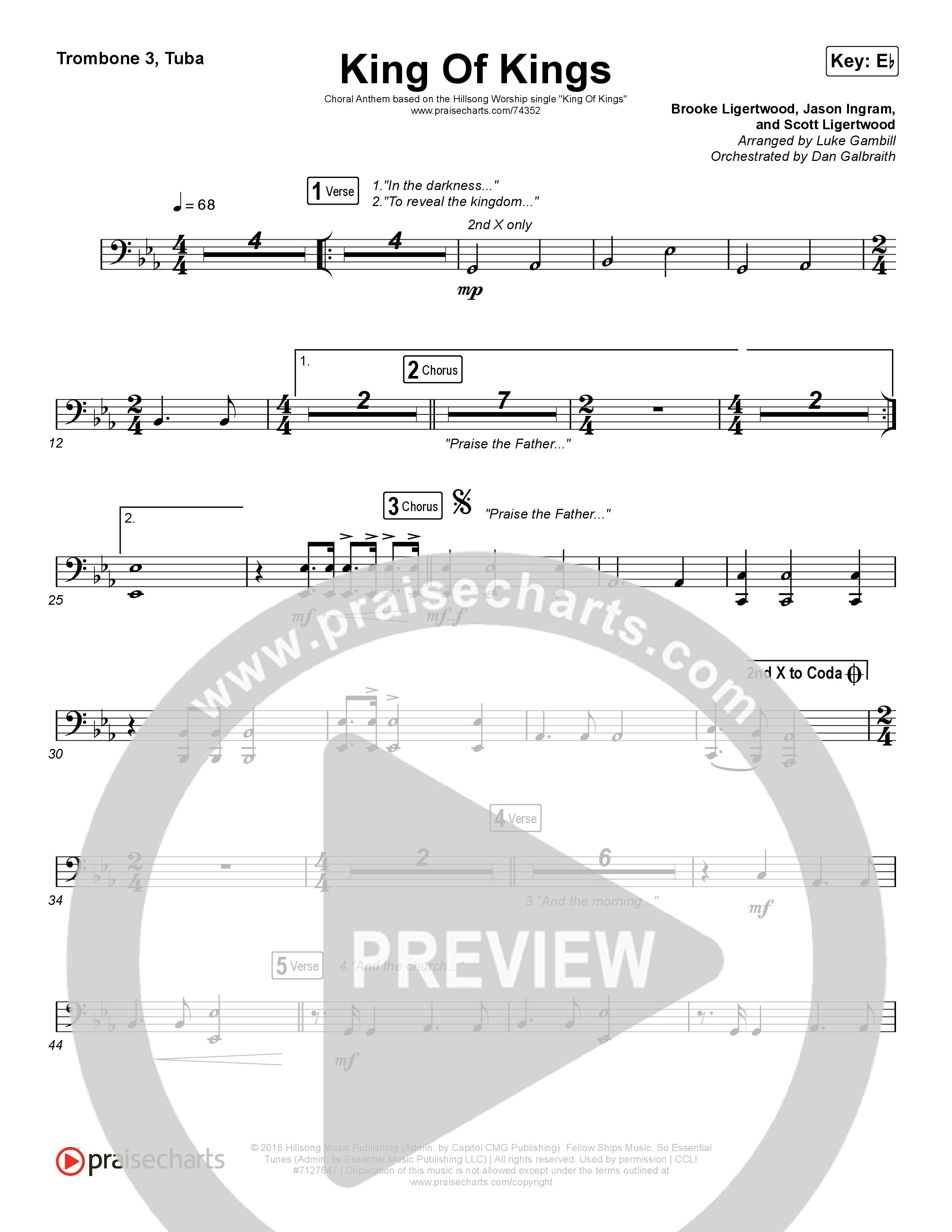 King Of Kings (Choral Anthem SATB) Trombone 3/Tuba (Hillsong Worship / Arr. Luke Gambill)