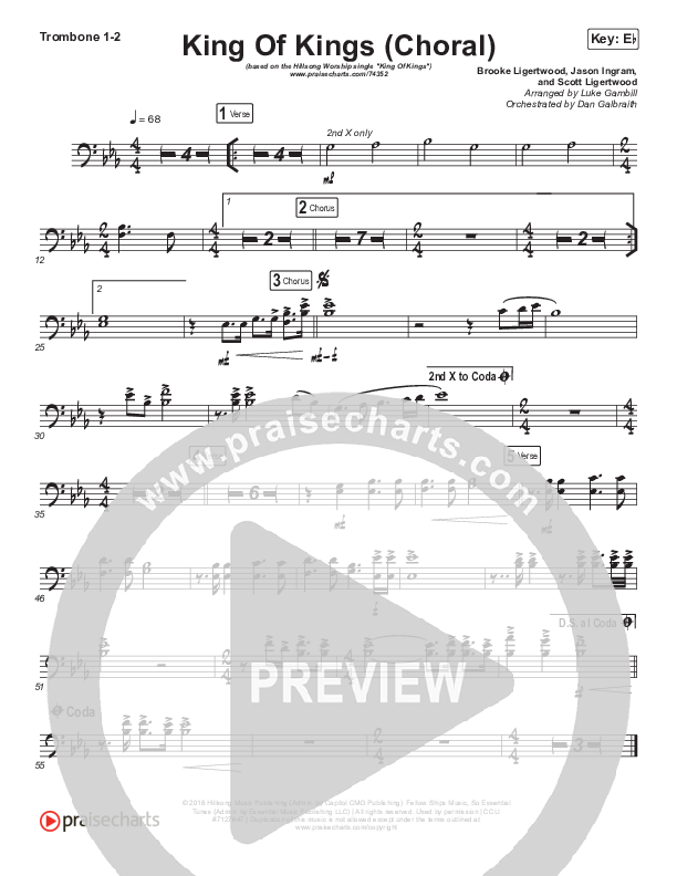 King Of Kings (Choral Anthem SATB) Trombone 1/2 (Hillsong Worship / Arr. Luke Gambill)