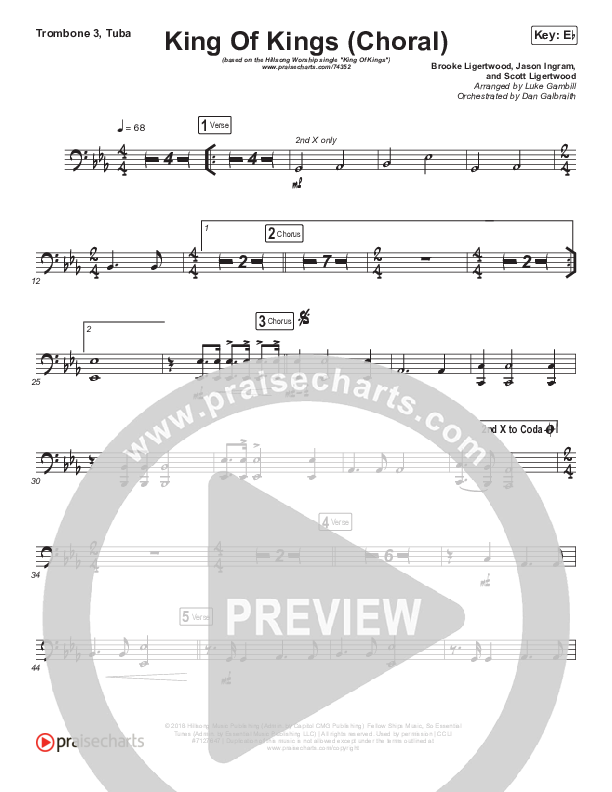 King Of Kings (Choral Anthem SATB) Trombone 3/Tuba (Hillsong Worship / Arr. Luke Gambill)