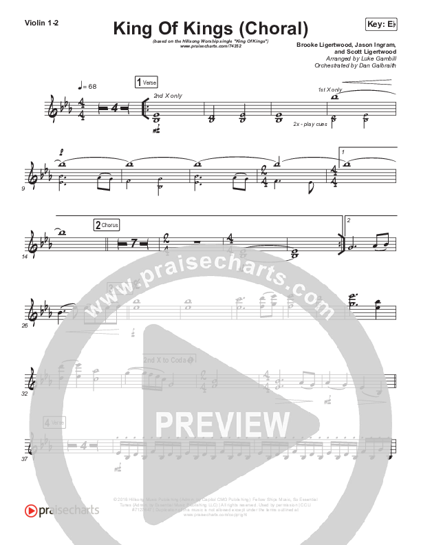 King Of Kings (Choral Anthem SATB) Violin 1/2 (Hillsong Worship / Arr. Luke Gambill)