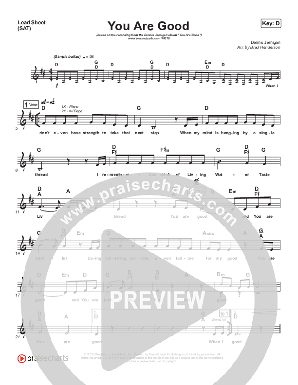 You Are Good Lead Sheet (SAT) (Dennis Jernigan)