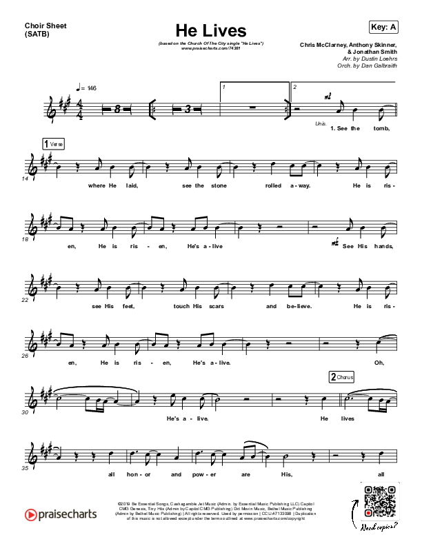 He Lives (Live) Choir Sheet (SATB) (Church Of The City)