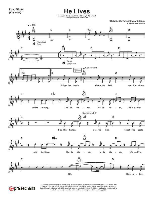 He Lives (Live) Lead Sheet (Melody) (Church Of The City)