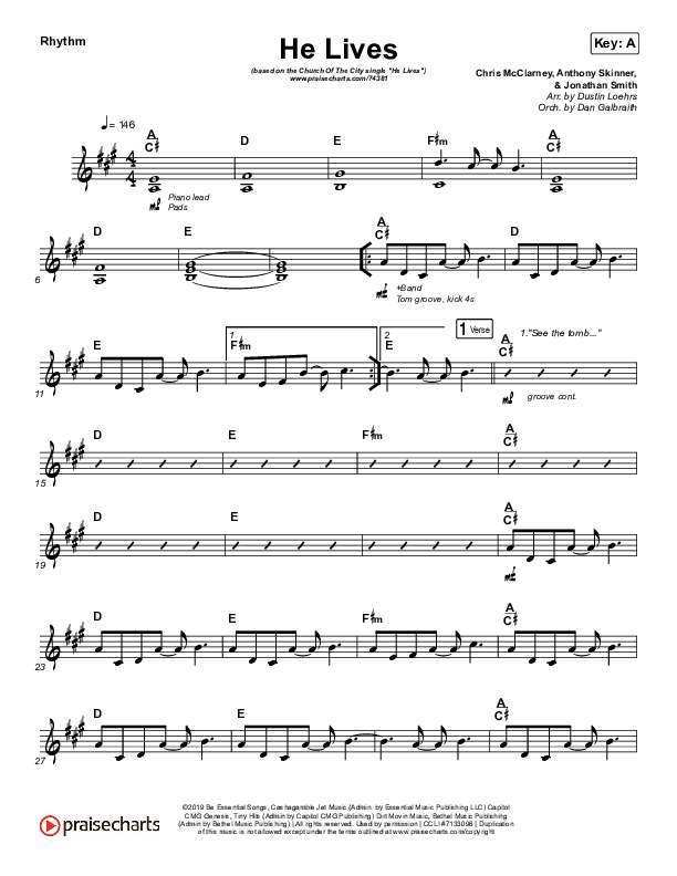 He Lives (Live) Rhythm Chart (Church Of The City)