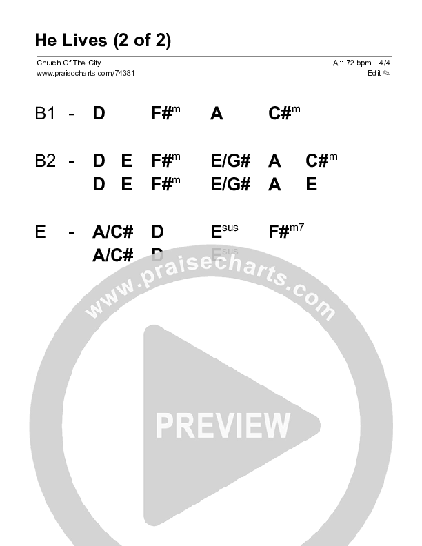 He Lives (Live) Stage Chart (Church Of The City)