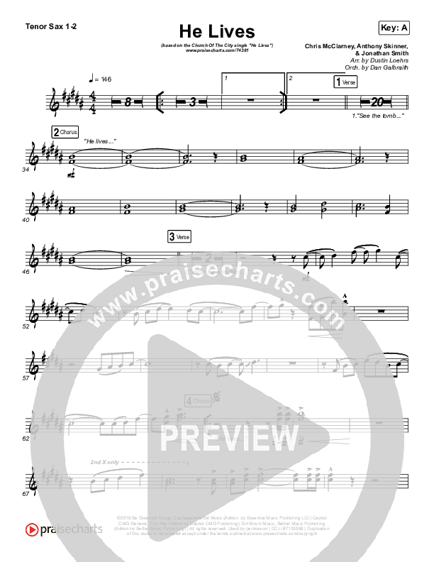 He Lives (Live) Tenor Sax 1,2 (Church Of The City)