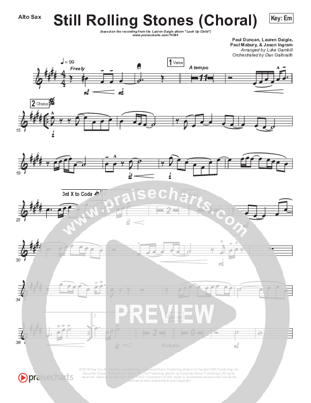 Still Rolling Stones (Choral Anthem SATB) Alto Sax (Lauren Daigle / Arr. Luke Gambill)