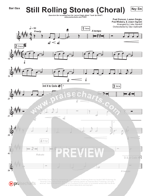 Still Rolling Stones (Choral Anthem SATB) Bari Sax (Lauren Daigle / Arr. Luke Gambill)