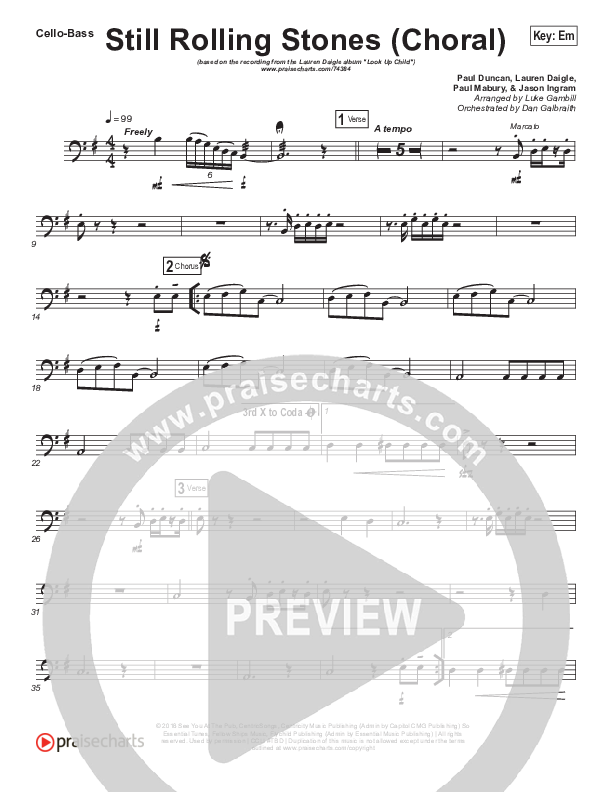 Still Rolling Stones (Choral Anthem SATB) Cello/Bass (Lauren Daigle / Arr. Luke Gambill)