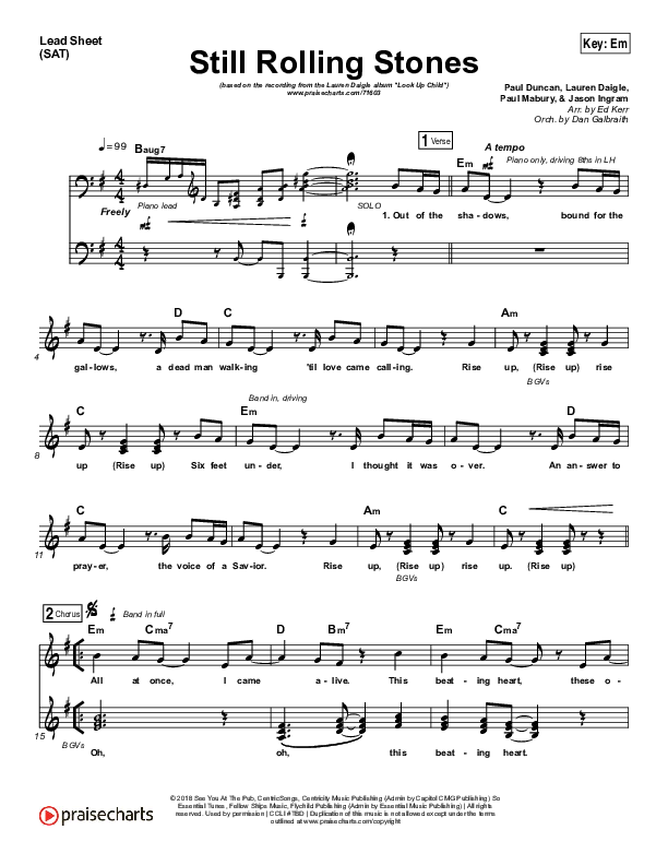 Still Rolling Stones (Choral Anthem SATB) Lead Sheet (SAT) (Lauren Daigle / Arr. Luke Gambill)