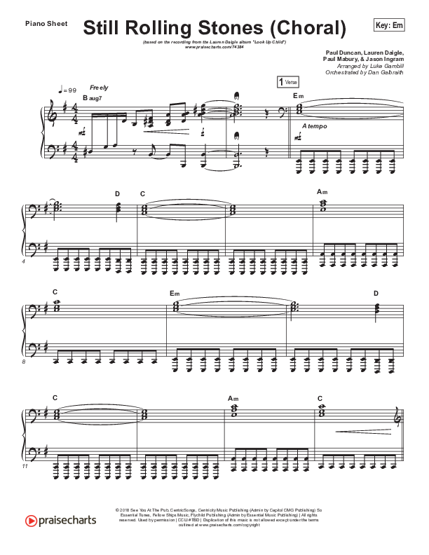 Still Rolling Stones (Choral Anthem SATB) Piano Sheet (Lauren Daigle / Arr. Luke Gambill)