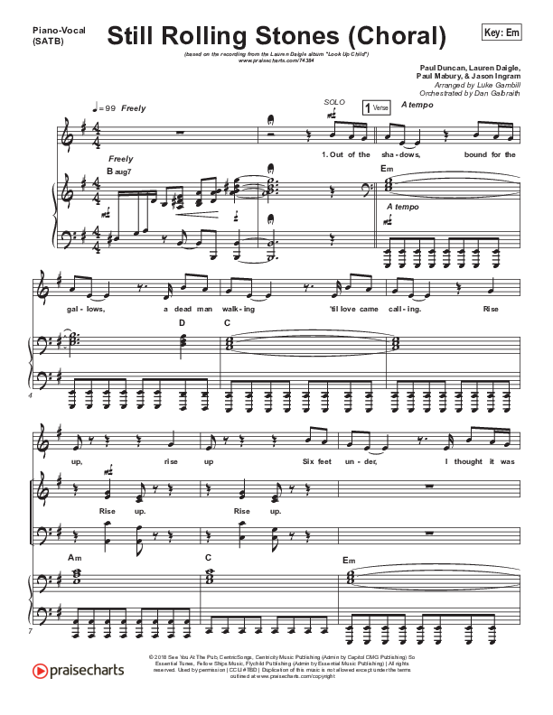 Still Rolling Stones (Choral Anthem SATB) Piano/Vocal (SATB) (Lauren Daigle / Arr. Luke Gambill)