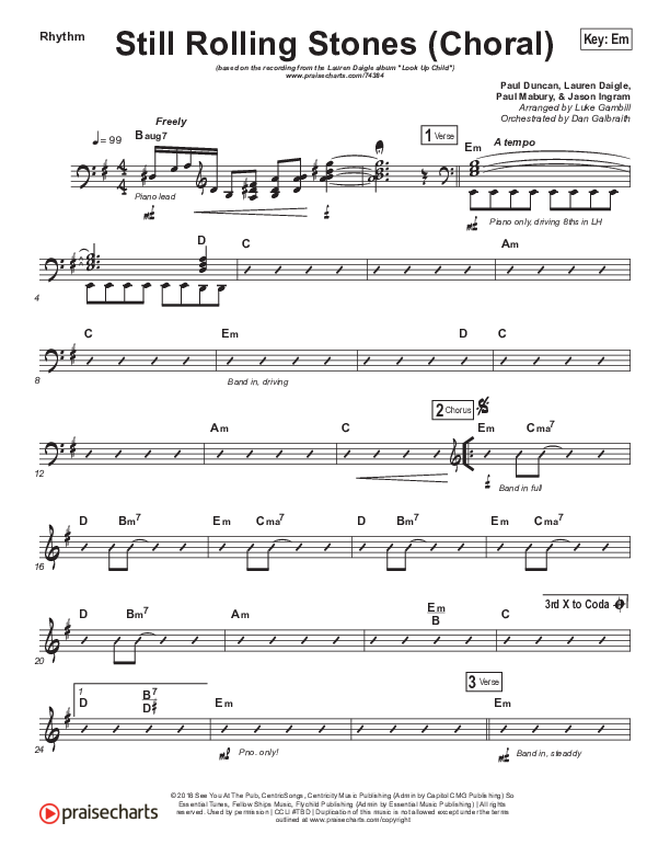 Still Rolling Stones (Choral Anthem SATB) Rhythm Chart (Lauren Daigle / Arr. Luke Gambill)