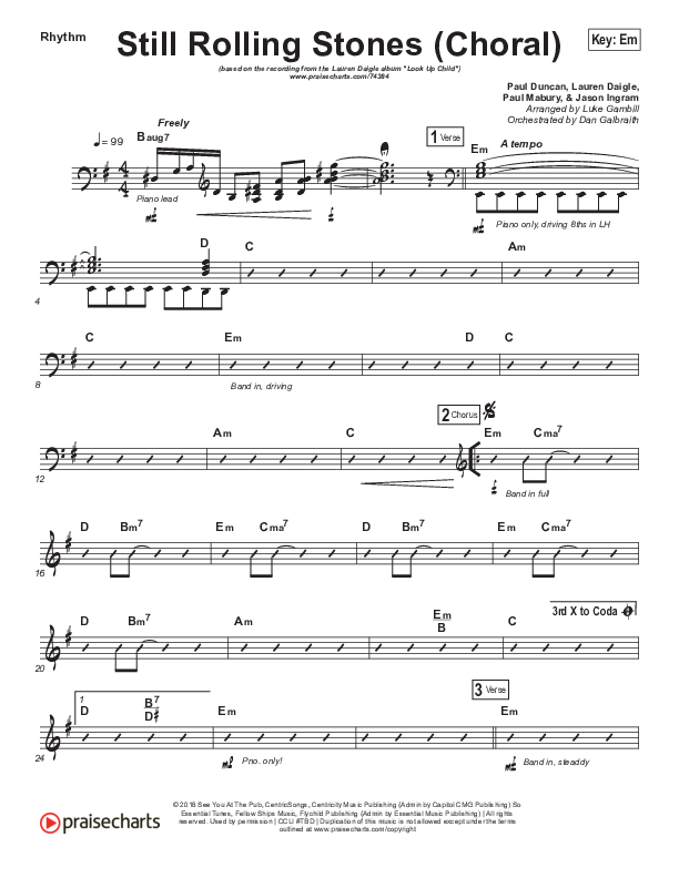 Still Rolling Stones (Choral Anthem SATB) Rhythm Chart (Lauren Daigle / Arr. Luke Gambill)