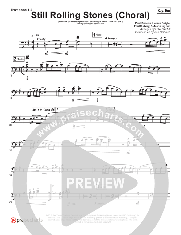 Still Rolling Stones (Choral Anthem SATB) Trombone 1/2 (Lauren Daigle / Arr. Luke Gambill)