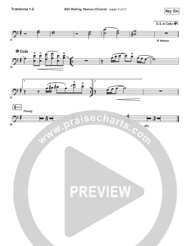 Still Rolling Stones (Choral Anthem SATB) Trombone 1/2 (Lauren Daigle / Arr. Luke Gambill)