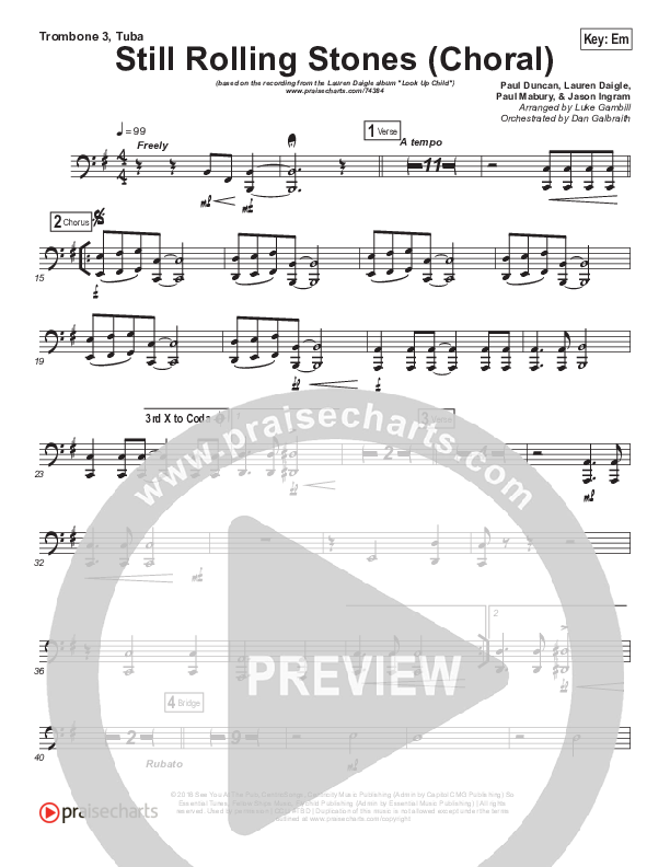 Still Rolling Stones (Choral Anthem SATB) Trombone 3/Tuba (Lauren Daigle / Arr. Luke Gambill)