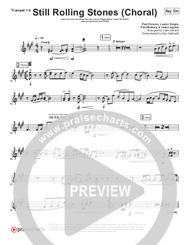 Still Rolling Stones (Choral Anthem SATB) Trumpet 1,2 (Lauren Daigle / Arr. Luke Gambill)