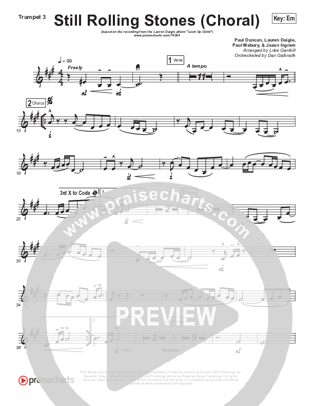 Still Rolling Stones (Choral Anthem SATB) Trumpet 3 (Lauren Daigle / Arr. Luke Gambill)