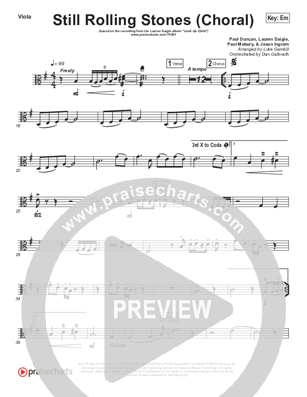 Still Rolling Stones (Choral Anthem SATB) Viola (Lauren Daigle / Arr. Luke Gambill)
