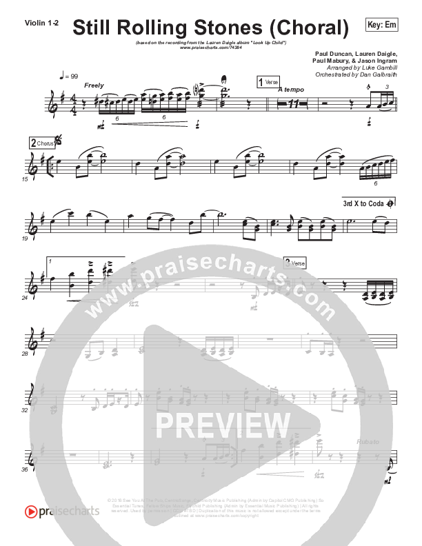 Still Rolling Stones (Choral Anthem SATB) Violin 1/2 (Lauren Daigle / Arr. Luke Gambill)