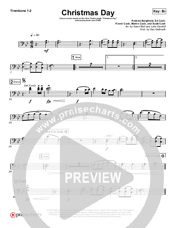 Christmas Day (Choral Anthem SATB) Trombone 1/2 (Chris Tomlin / Arr. Luke Gambill)
