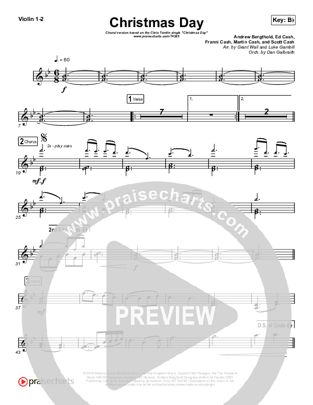 Christmas Day (Choral Anthem SATB) Violin 1/2 (Chris Tomlin / Arr. Luke Gambill)
