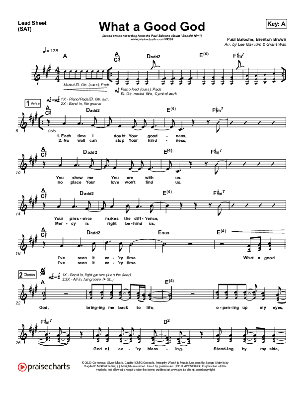 What A Good God Lead Sheet (SAT) (Paul Baloche)