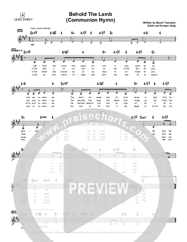 Behold The Lamb (Communion Hymn) Lead Sheet (Simple Hymns / London Gatch)