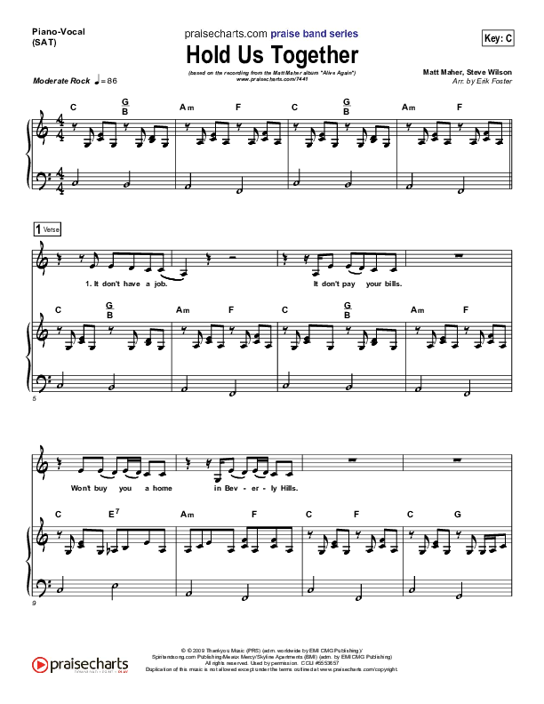 Hold Us Together Piano/Vocal (SAT) (Matt Maher)