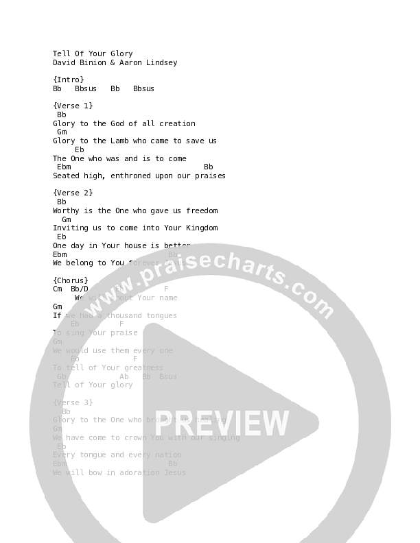 Tell Of Your Glory Chord Chart (David & Nicole Binion)