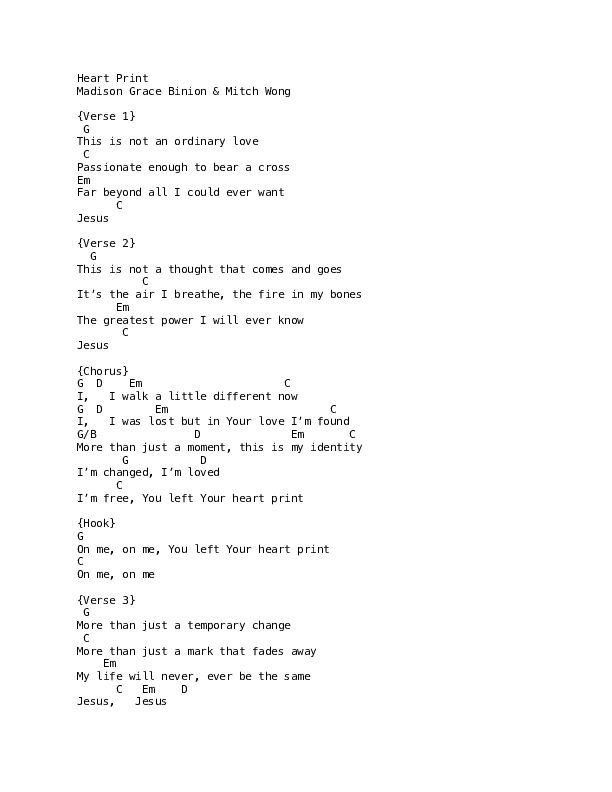 Heart Print Chord Chart (David & Nicole Binion / MDSN / Travis Greene)